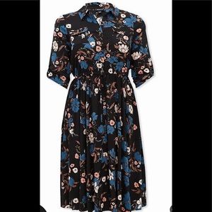 BLACK FLORAL CHALLIS MIDI SHIRT DRESS